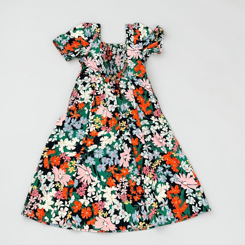 Old Navy Floral Puff Sleeve Smocked Back Midi Dress Womens L Side Pockets